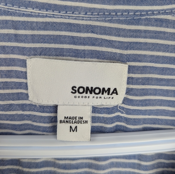 Sonoma Medium Womens Cotton Blue Striped Button Down Top Floral Embroidered - Picture 3 of 9